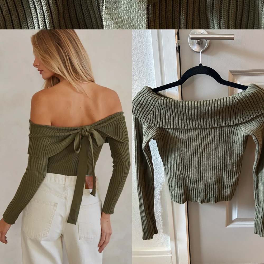 NWT (S) American Threads Kara Off the Shoulder Bow Back Sweater Olive Green Tie